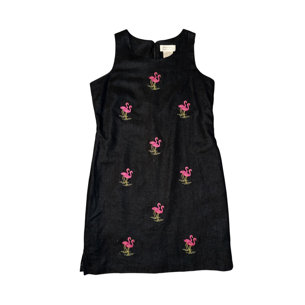 Giorgio Fiorini Shift Dress Women 14 Black Flamingo Embroidered Linen Blend